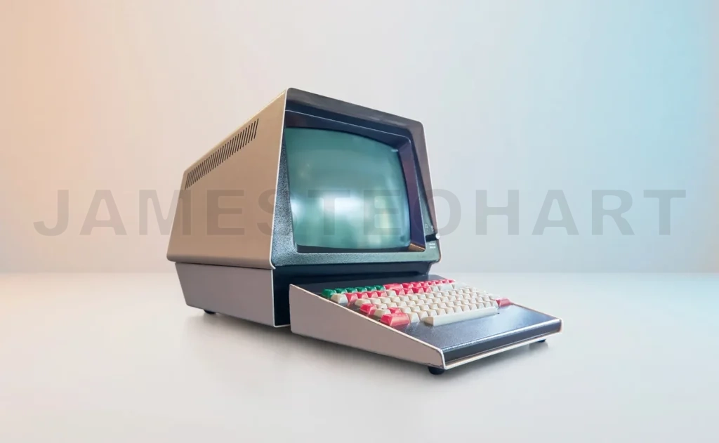 
Vintage personal computer with green monochrome screen and keyboard