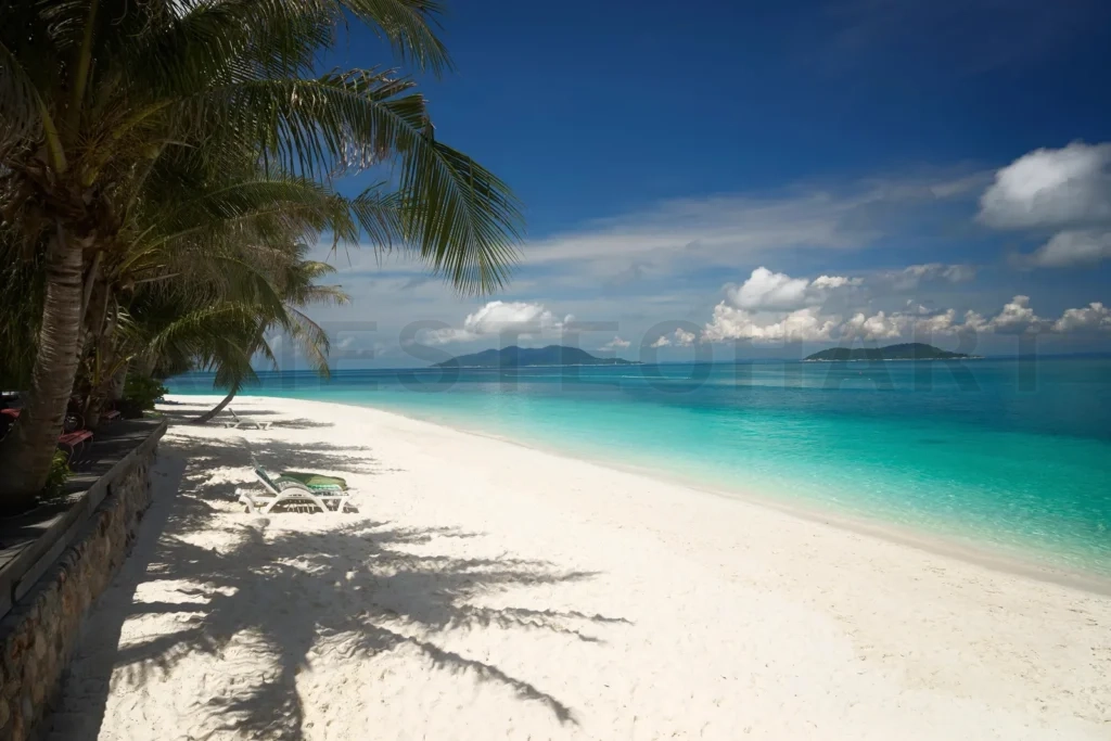 
Tropical island beach with white sand and clear turquoise water