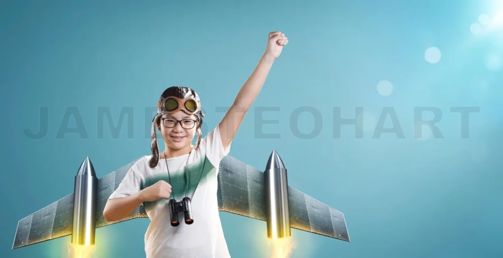 
Young girl achieving dreams wearing aviator goggles flying jetpack