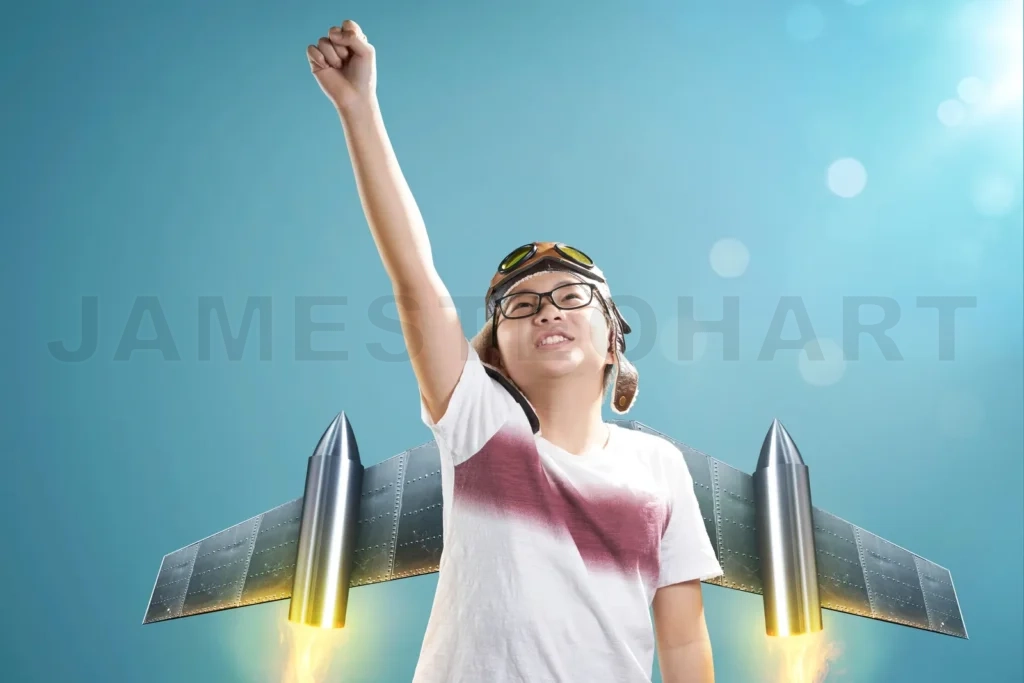 
Young boy aspiring to fly with powerful jetpack