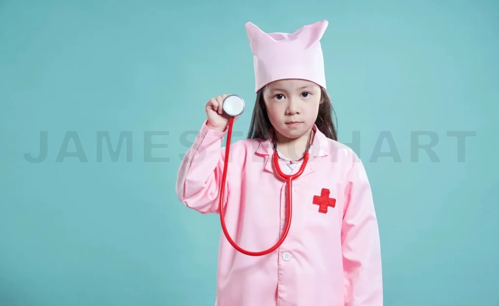 
Young girl playing doctor holding stethoscope