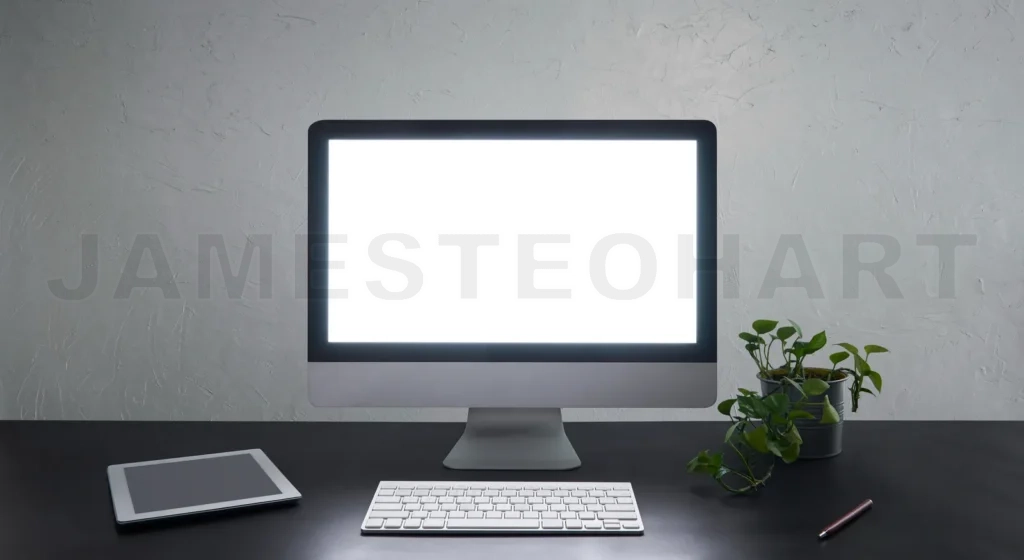 
Modern workspace with computer, plant, and tablet