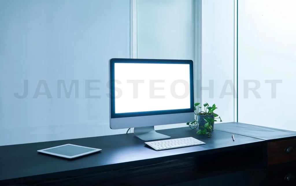 
Modern computer desktop with blank screen in office