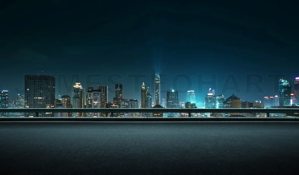 
Empty asphalt road with modern city skyline at night