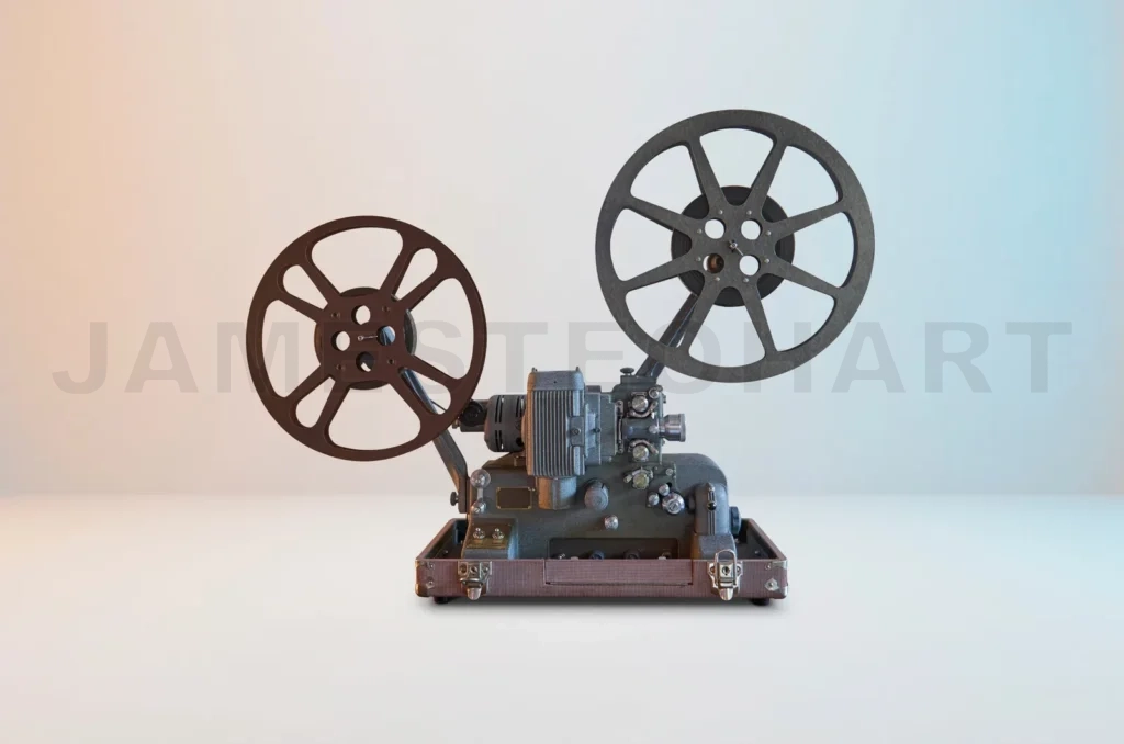 
Vintage film projector with reel for cinema entertainment