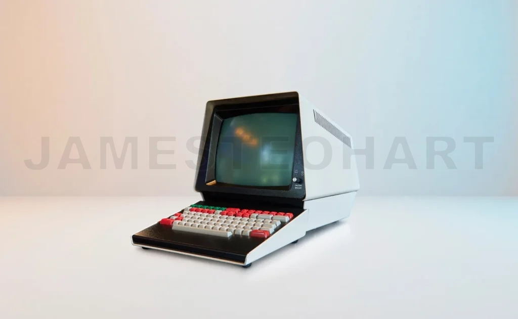 
Retro computer terminal on clean background displaying technology evolution