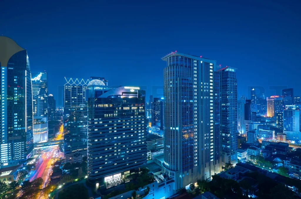 
Bangkok city skyline at blue hour with skyscrapers
