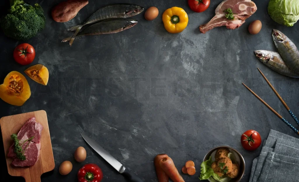 
Fresh healthy ingredients arranging on dark background