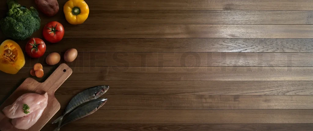 
Fresh healthy ingredients for balanced diet on wood