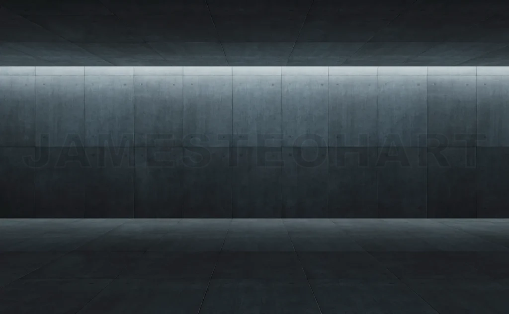 
Empty brutalist concrete room with dim ambient lighting