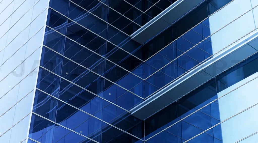 
Modern building facade details showing glass and reflections