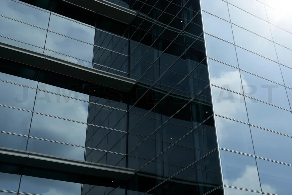 
Modern glass building reflecting blue sky and clouds