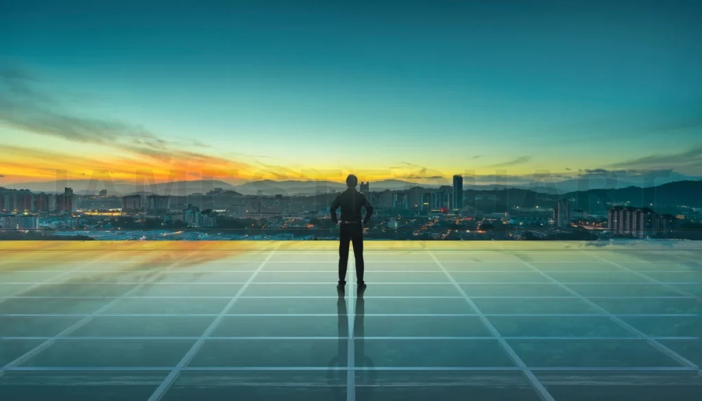 
Businessman contemplating city skyline at vivid sunset