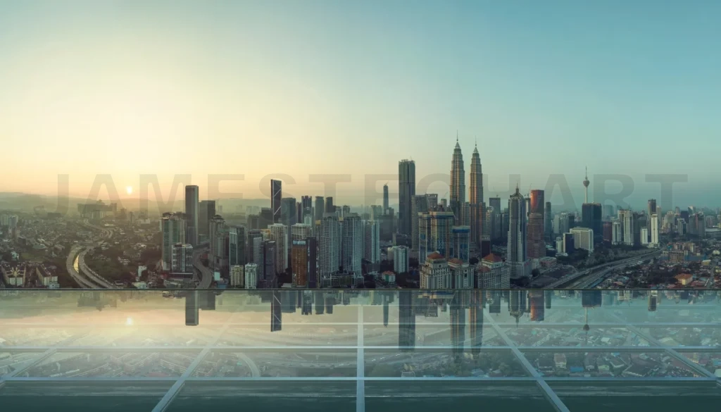 
Kuala lumpur city skyline at sunset from rooftop reflection