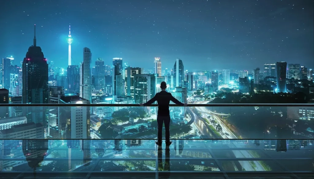 
Businessman contemplating city skyline at future night