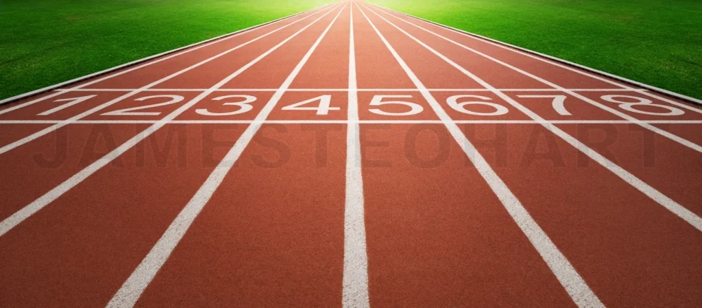 
Running track with marked lanes and starting numbers