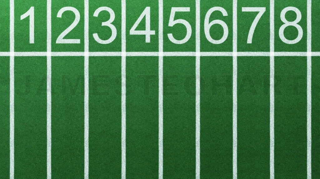 
Running track lane numbers on green stadium turf