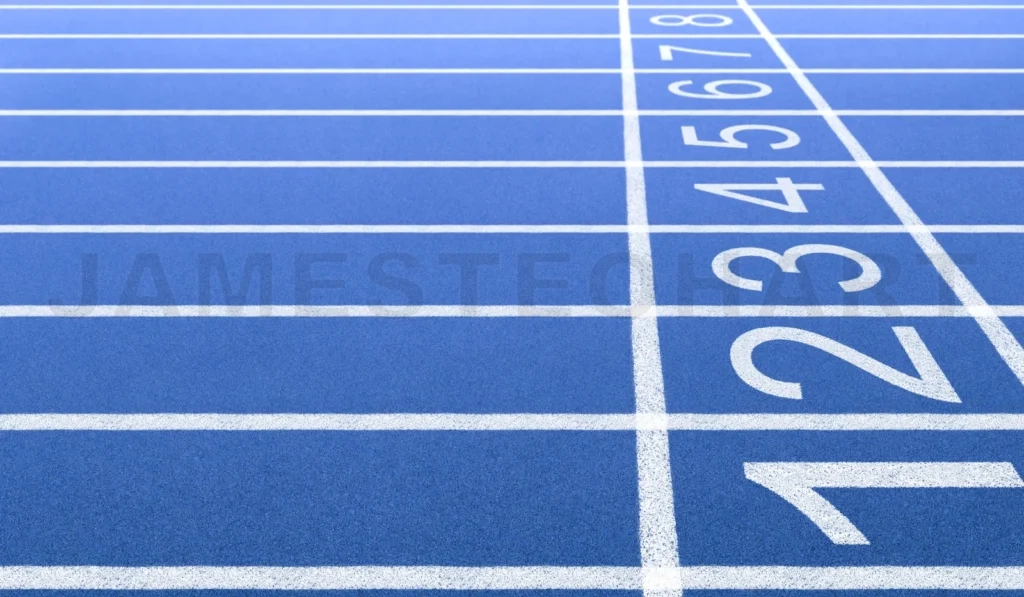 
Blue running track lane numbers starting line