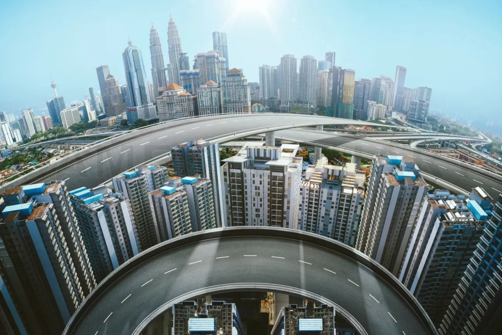 
Urban landscape with curved highways and skyscrapers