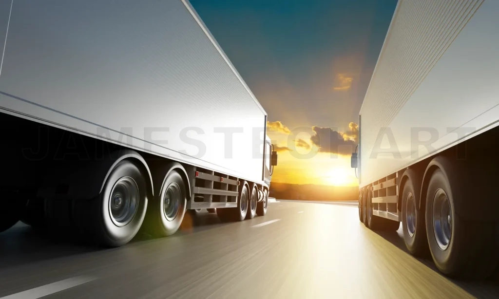 
Rear angle view of two delivery truck run on the road