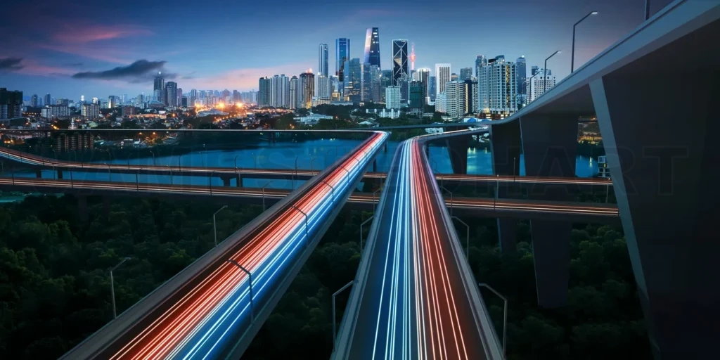 
Highway with vehicle light trails leading to modern city
