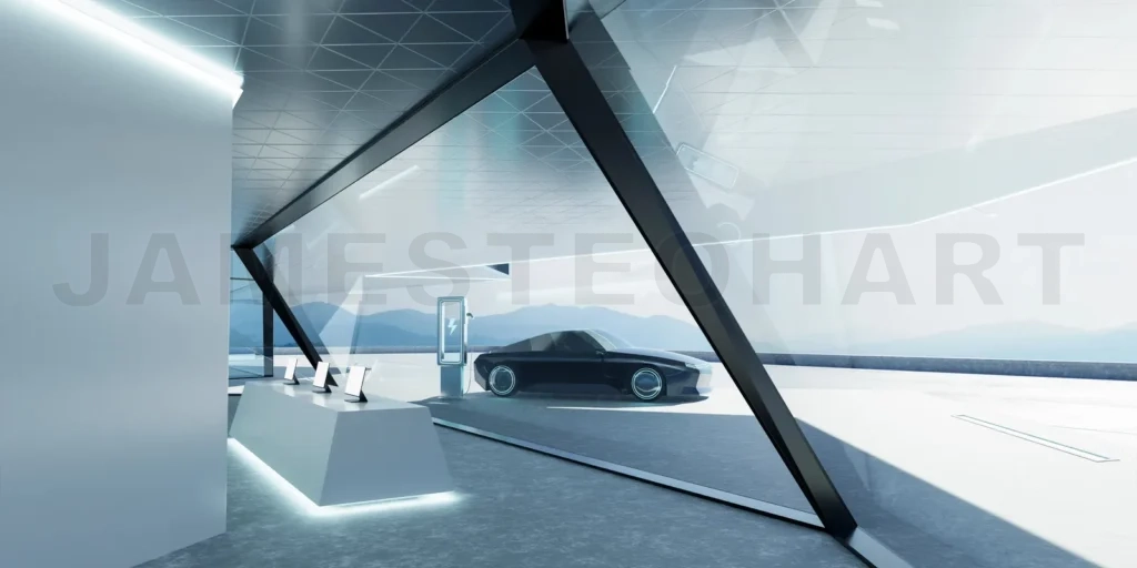 
Brandless Electric EV concept car parked outside the modern offi