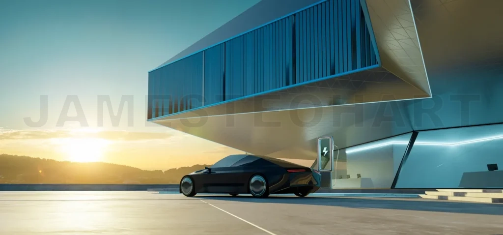 
Modern building exterior and brandless electric EV car. 3d rende