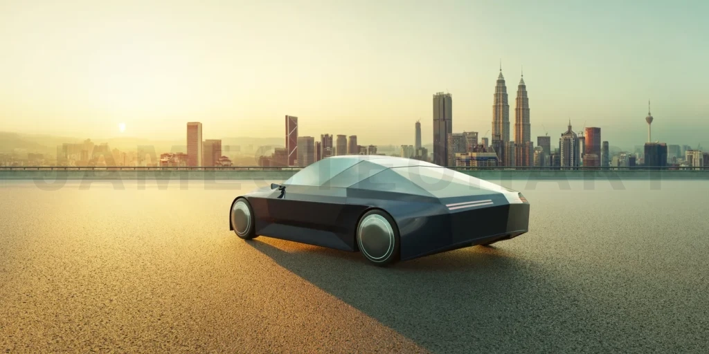 
EV car on asphalt road with city skyline background. 3d renderin