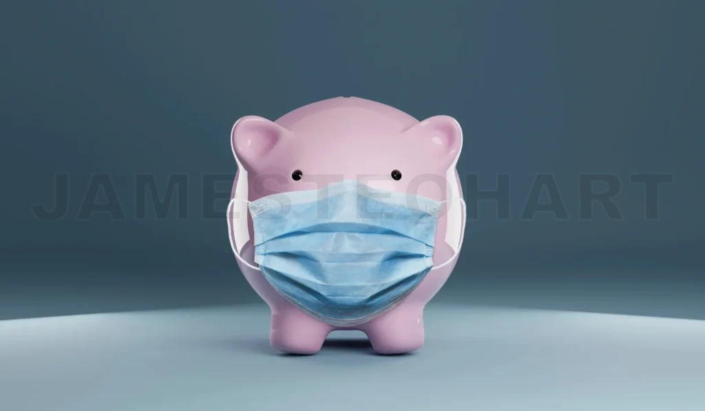 
Piggy bank wearing a protective hygiene mask