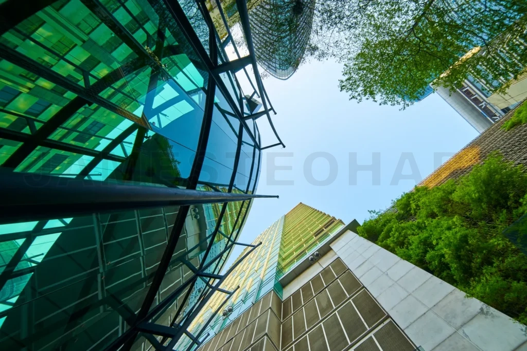 
Low angle shot of modern glass buildings