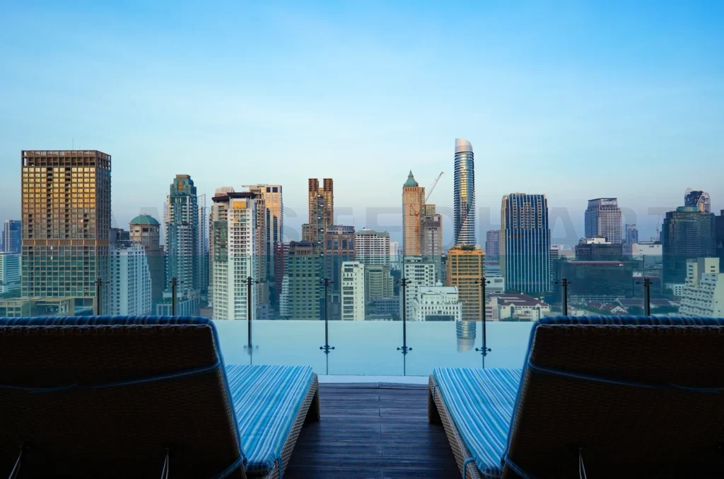 
Relaxing sofa unit on rooftop swimming pool