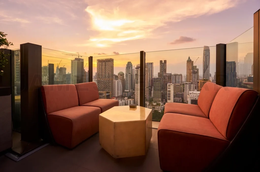 
Comfortable sofa unit on rooftop bar and restaurant area