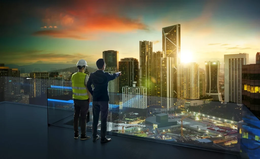 
Businessman and developer engineer standing on open roof top bal