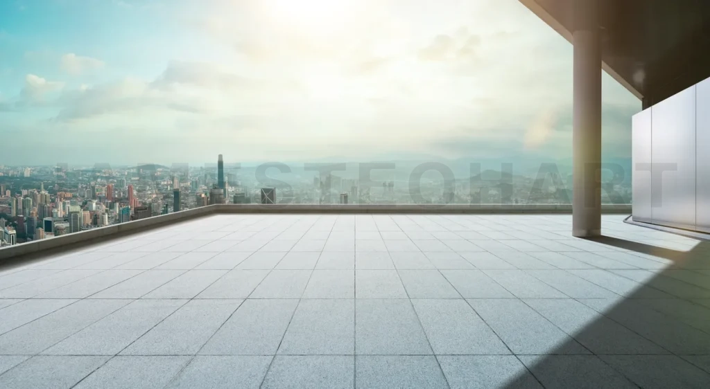 
Perspective view of empty concrete tiles floor of rooftop