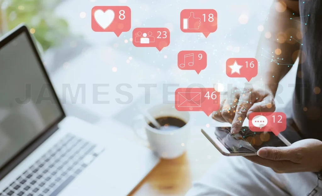 
Businessman using smartphone with social media icon