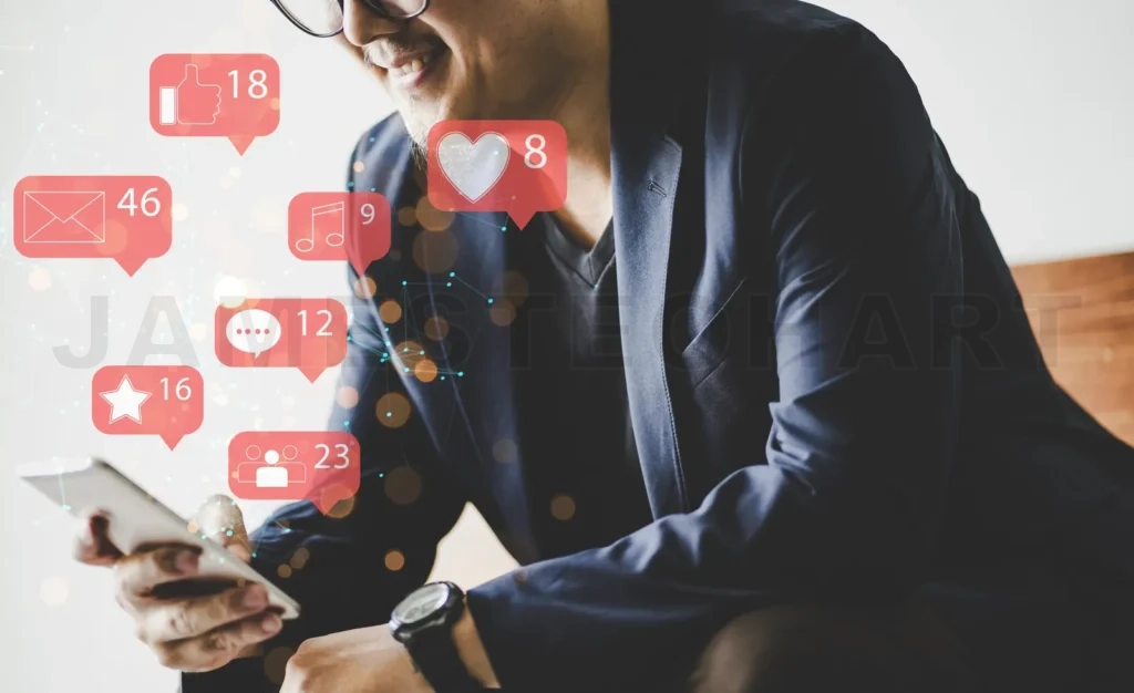 
Businessman using smartphone with social media icon