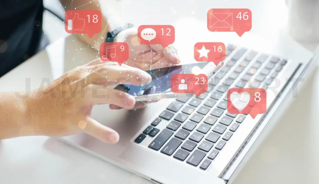 
Businessman using smartphone with social media icon