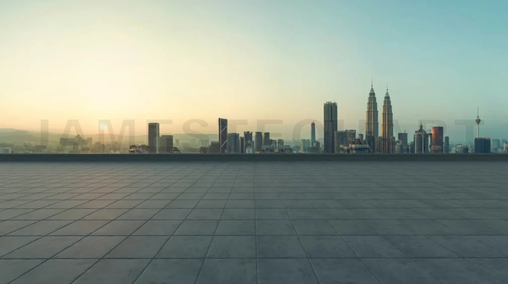 
Empty concrete tiles floor with city skyline background
