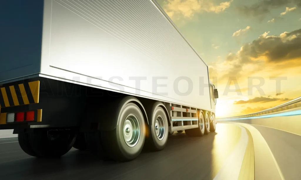 
Rear angle view of delivery truck run on the road