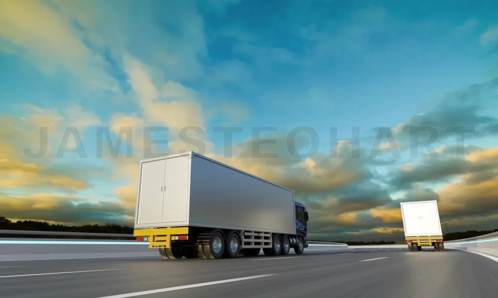 
Rear angle view of delivery truck run on the road