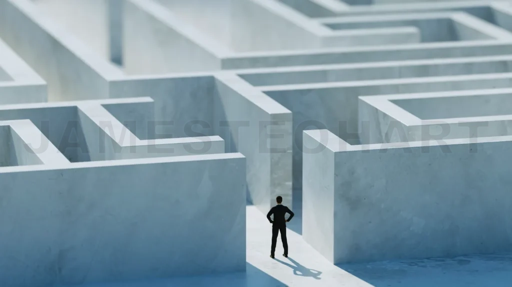 
Businessman stand in front of maze entrance.