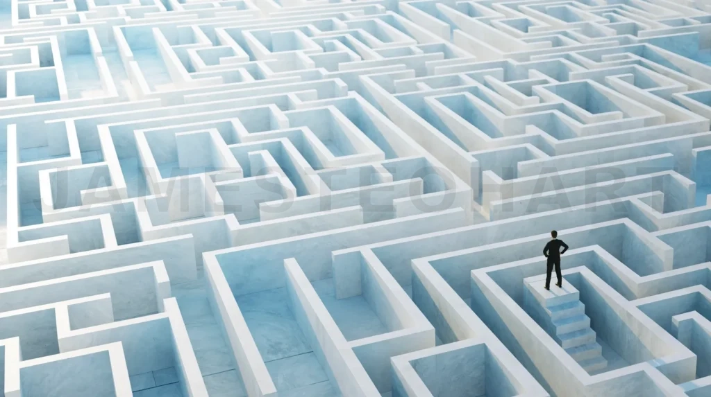 
Businessman stand in front of maze entrance.