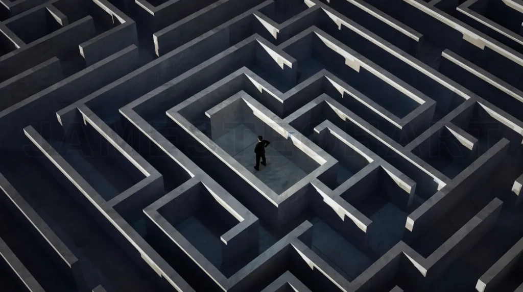 
Businessman stand in front of maze entrance.