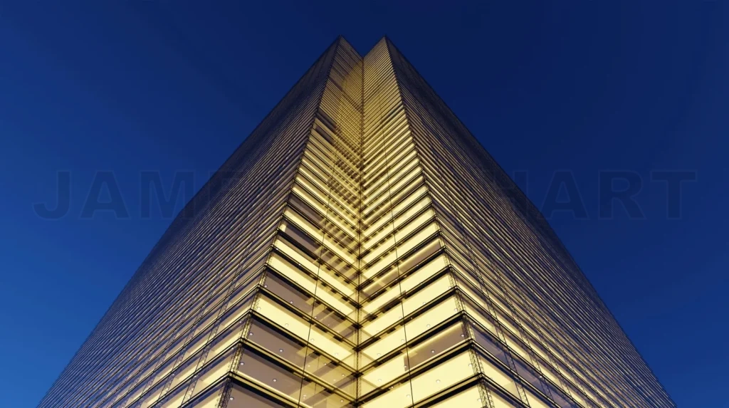 
Low angle view of generic modern office skyscrapers. 3d renderin