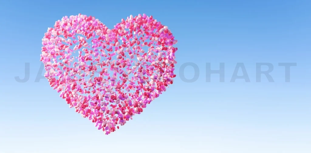 
3d render heart shape made of pink petals against blue sky