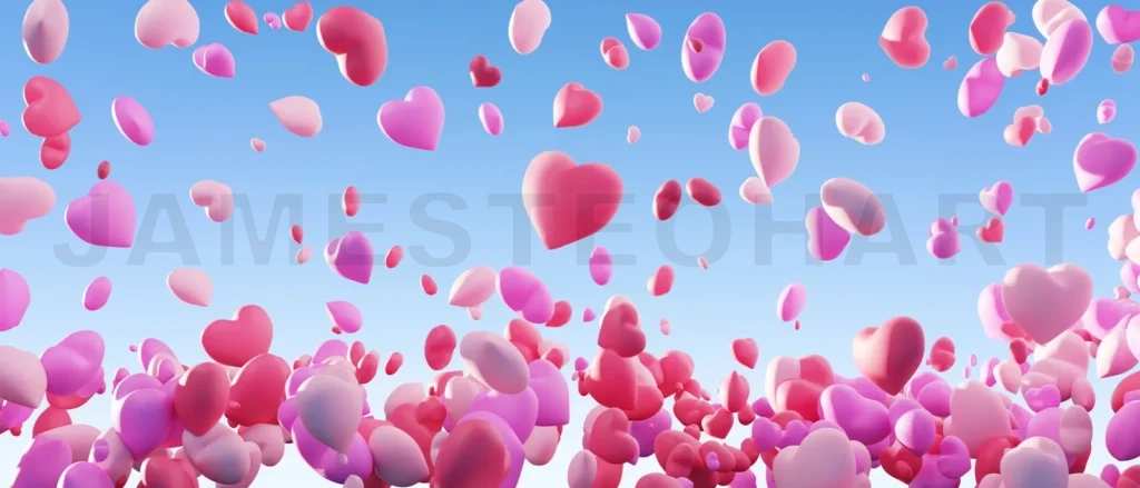 
3d render pink and red hearts floating in clear blue sky