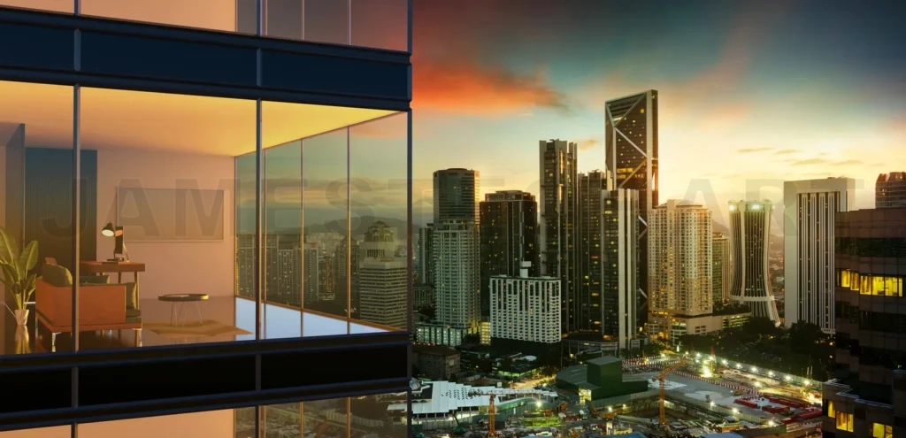 
Panoramic view of beautiful evening cityscape