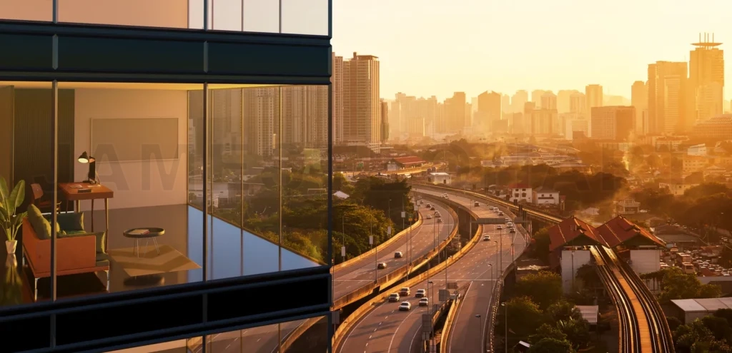
Panoramic view of beautiful evening cityscape