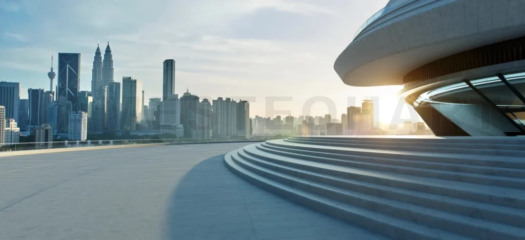 
Modern building exterior with cement stairs and floor.