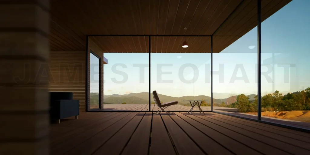 
Modern wooden house interior with relax chair and tea table.